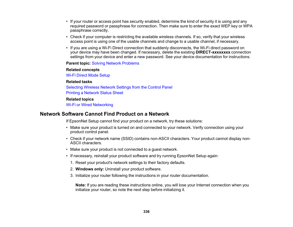 Network software cannot find product on a network | Epson WorkForce Pro WF-M5799 Workgroup Monochrome Multifunction Printer with Replaceable Ink Pack System User Manual | Page 336 / 404