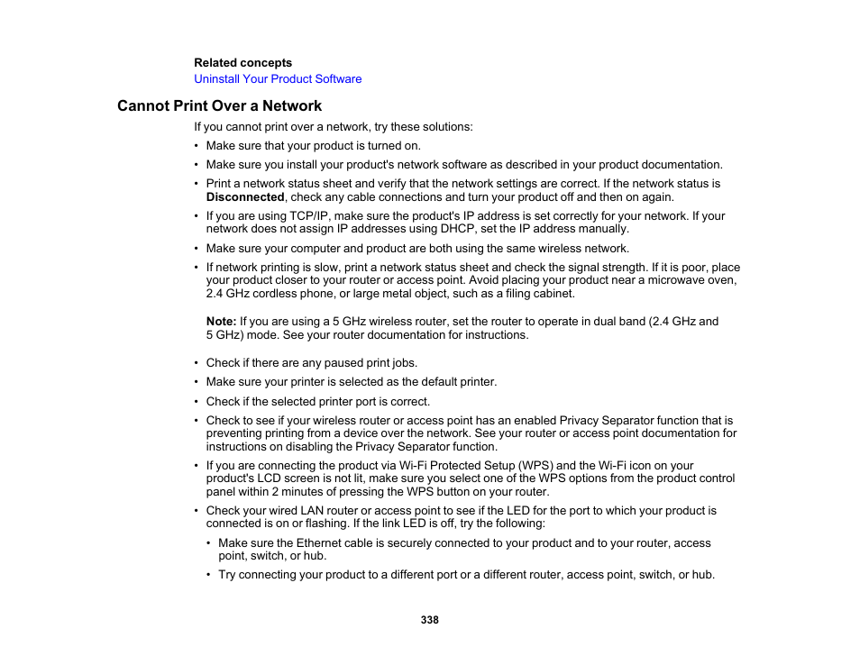 Cannot print over a network | Epson WorkForce Pro WF-M5799 Workgroup Monochrome Multifunction Printer with Replaceable Ink Pack System User Manual | Page 338 / 404