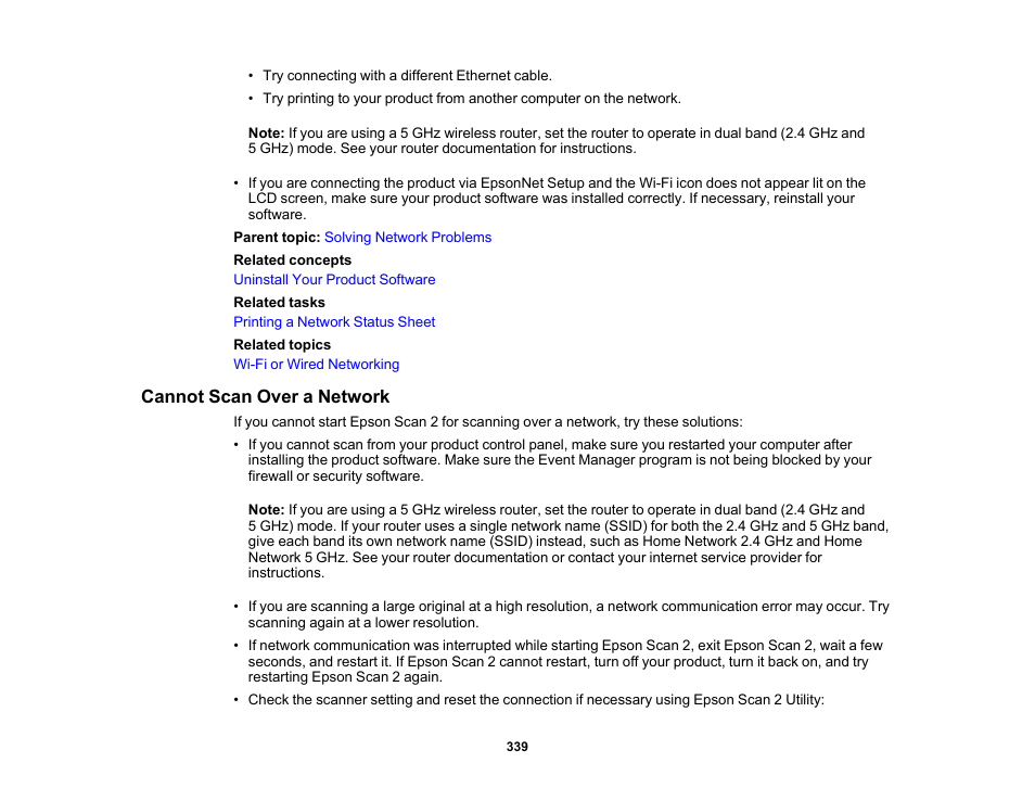 Cannot scan over a network | Epson WorkForce Pro WF-M5799 Workgroup Monochrome Multifunction Printer with Replaceable Ink Pack System User Manual | Page 339 / 404