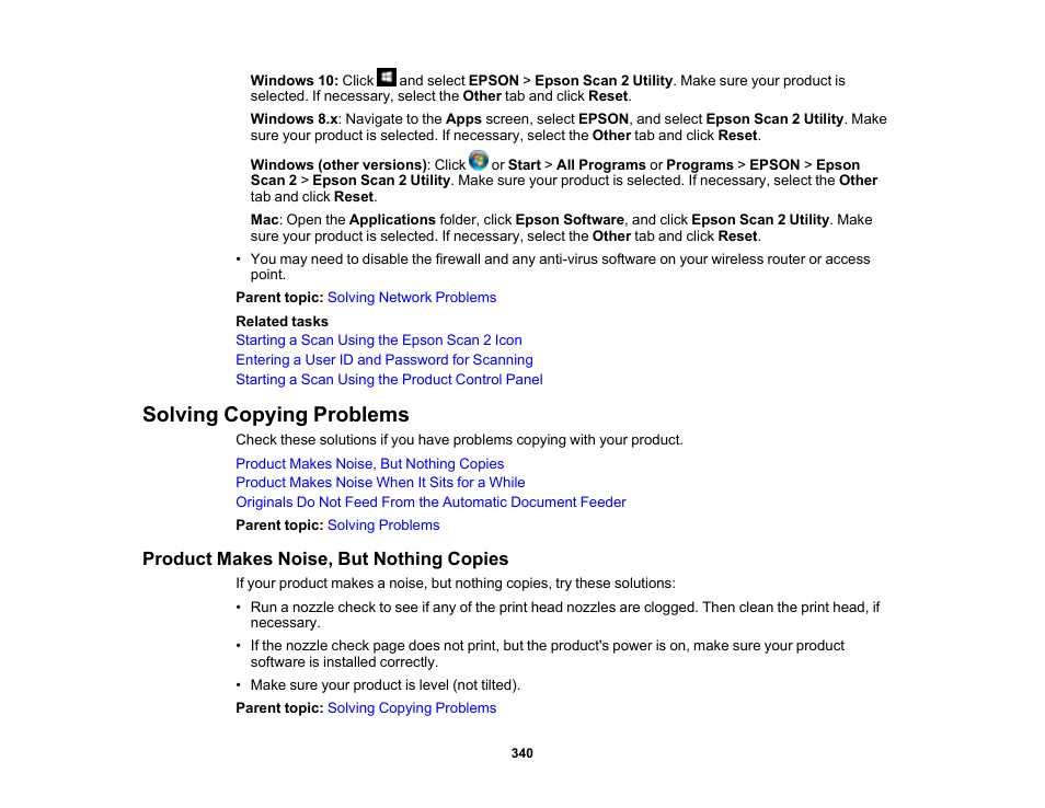 Solving copying problems, Product makes noise, but nothing copies | Epson WorkForce Pro WF-M5799 Workgroup Monochrome Multifunction Printer with Replaceable Ink Pack System User Manual | Page 340 / 404