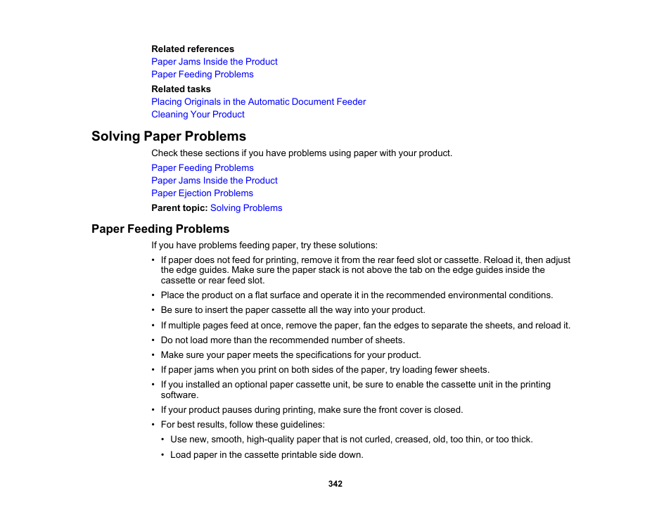 Solving paper problems, Paper feeding problems | Epson WorkForce Pro WF-M5799 Workgroup Monochrome Multifunction Printer with Replaceable Ink Pack System User Manual | Page 342 / 404