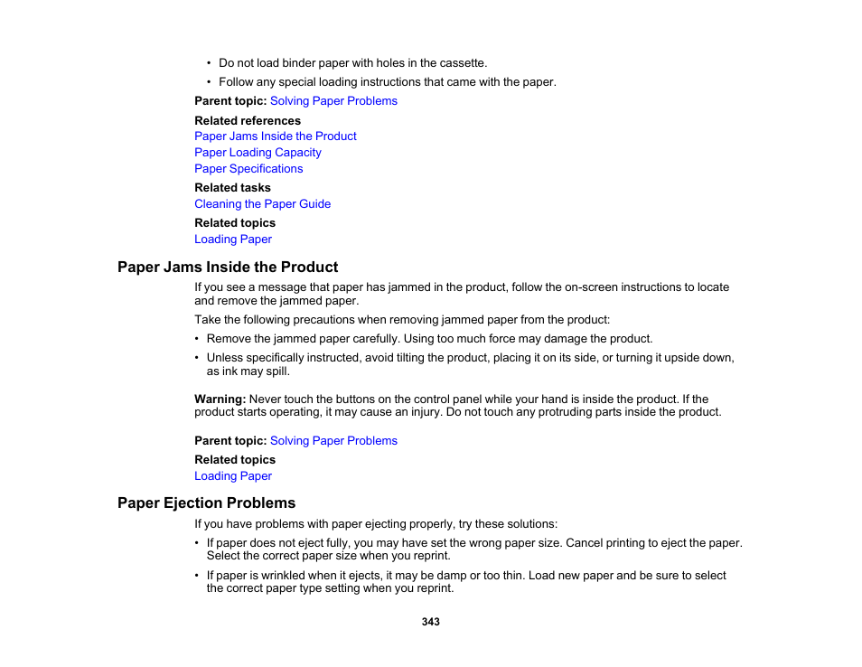 Paper jams inside the product, Paper ejection problems | Epson WorkForce Pro WF-M5799 Workgroup Monochrome Multifunction Printer with Replaceable Ink Pack System User Manual | Page 343 / 404