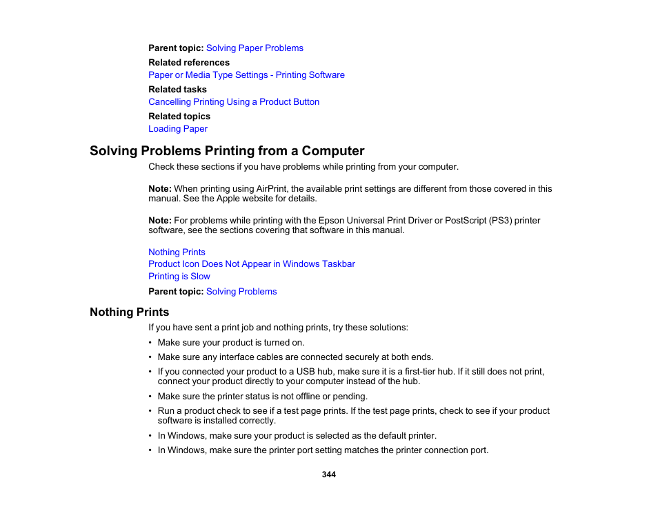 Solving problems printing from a computer, Nothing prints | Epson WorkForce Pro WF-M5799 Workgroup Monochrome Multifunction Printer with Replaceable Ink Pack System User Manual | Page 344 / 404