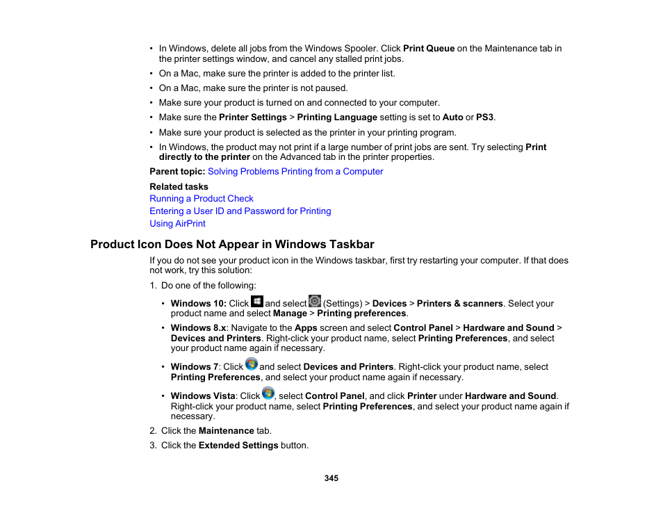 Product icon does not appear in windows taskbar | Epson WorkForce Pro WF-M5799 Workgroup Monochrome Multifunction Printer with Replaceable Ink Pack System User Manual | Page 345 / 404