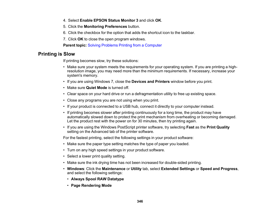 Printing is slow | Epson WorkForce Pro WF-M5799 Workgroup Monochrome Multifunction Printer with Replaceable Ink Pack System User Manual | Page 346 / 404