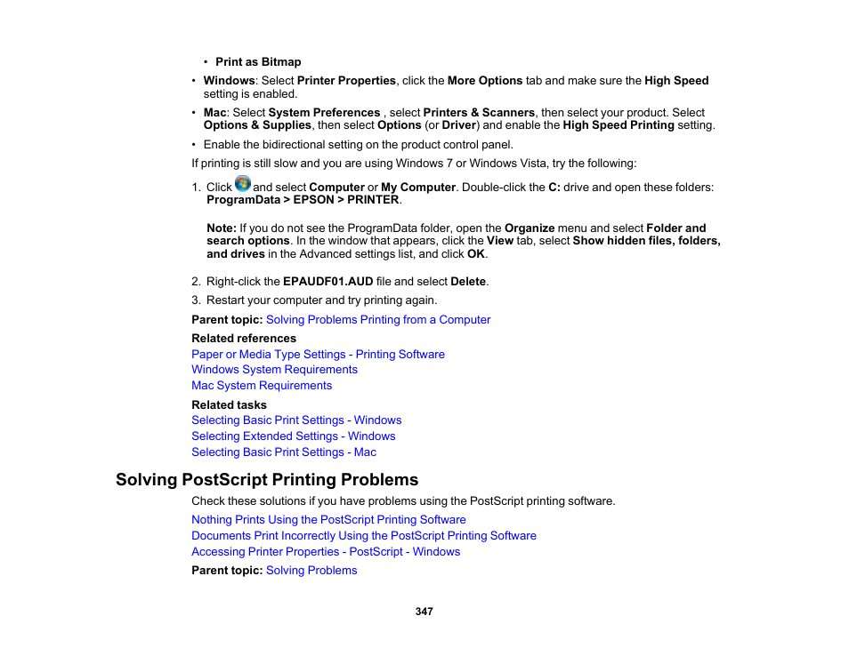 Solving postscript printing problems | Epson WorkForce Pro WF-M5799 Workgroup Monochrome Multifunction Printer with Replaceable Ink Pack System User Manual | Page 347 / 404