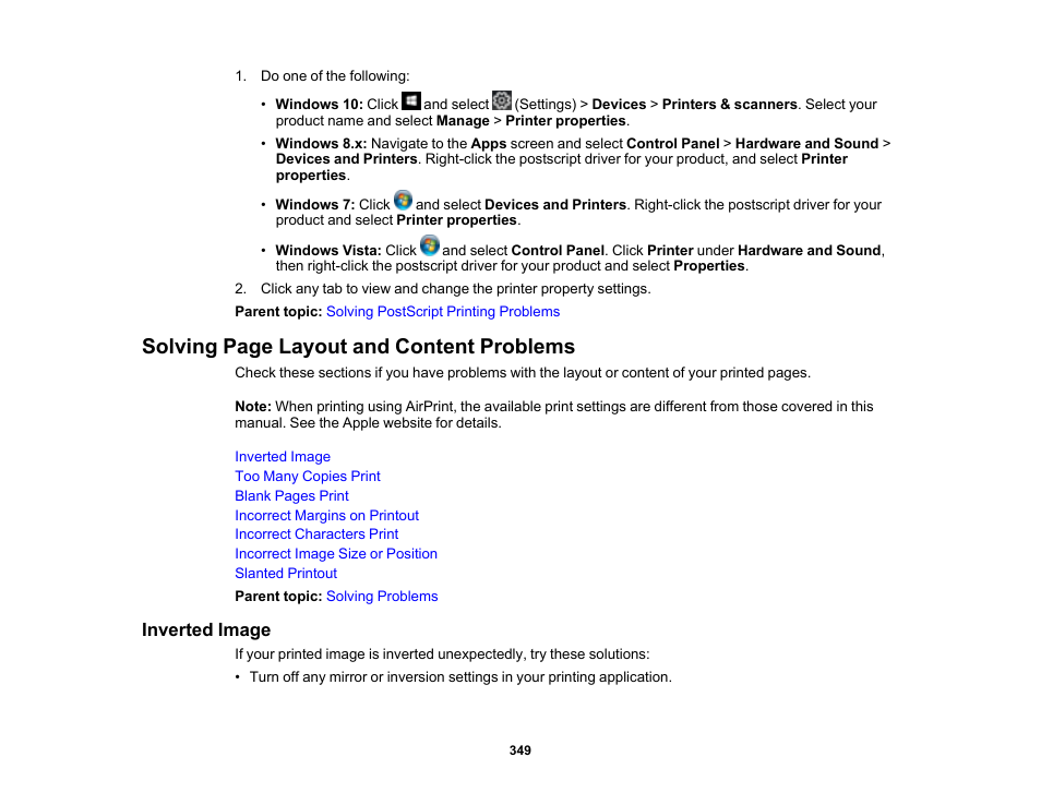 Inverted image, Solving page layout and content problems | Epson WorkForce Pro WF-M5799 Workgroup Monochrome Multifunction Printer with Replaceable Ink Pack System User Manual | Page 349 / 404