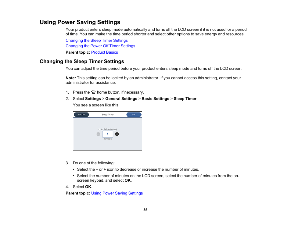 Using power saving settings, Changing the sleep timer settings | Epson WorkForce Pro WF-M5799 Workgroup Monochrome Multifunction Printer with Replaceable Ink Pack System User Manual | Page 35 / 404