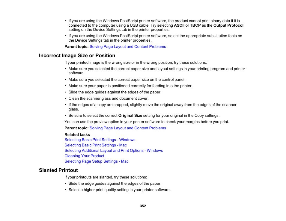 Incorrect image size or position, Slanted printout, Incorrect image size or position slanted printout | Epson WorkForce Pro WF-M5799 Workgroup Monochrome Multifunction Printer with Replaceable Ink Pack System User Manual | Page 352 / 404