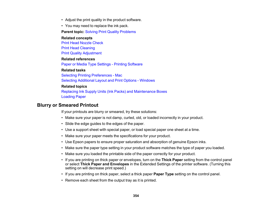 Blurry or smeared printout | Epson WorkForce Pro WF-M5799 Workgroup Monochrome Multifunction Printer with Replaceable Ink Pack System User Manual | Page 354 / 404