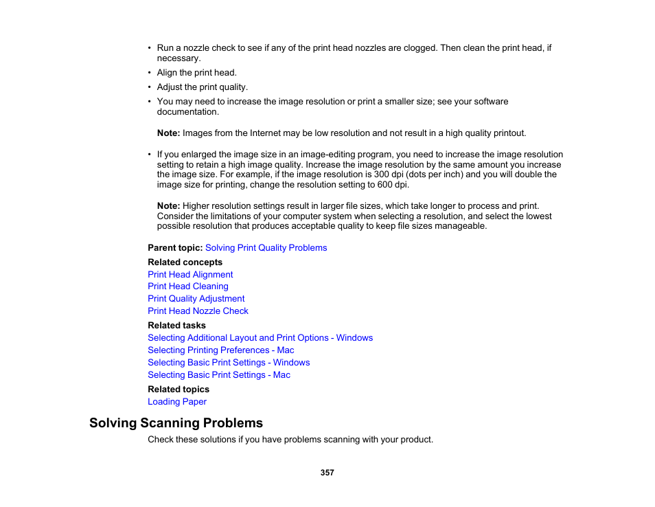 Solving scanning problems | Epson WorkForce Pro WF-M5799 Workgroup Monochrome Multifunction Printer with Replaceable Ink Pack System User Manual | Page 357 / 404