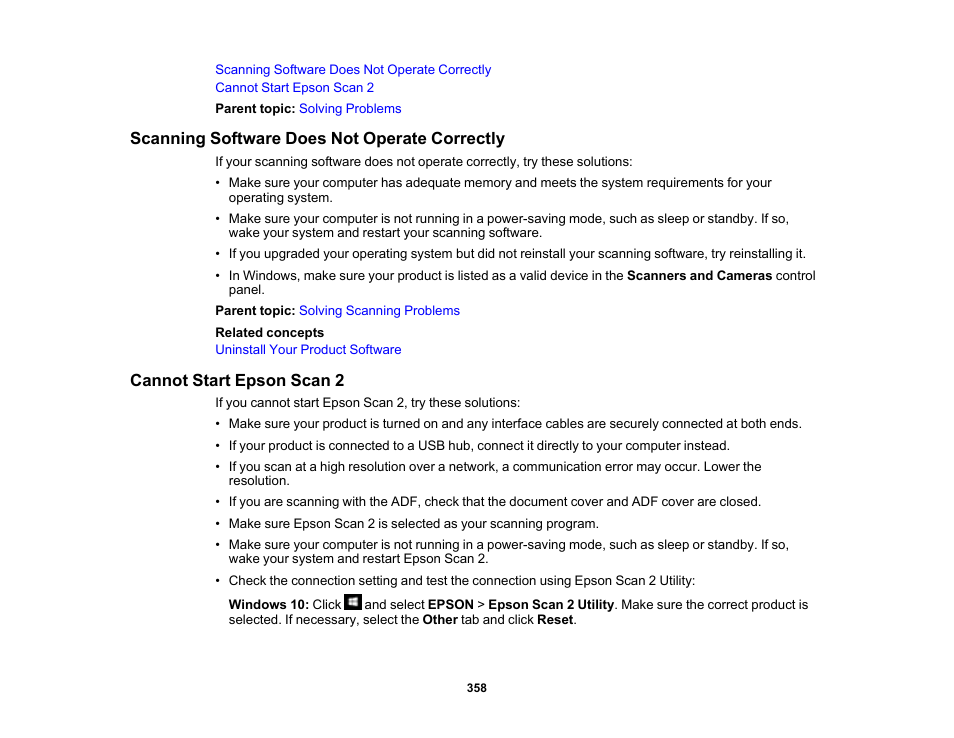 Scanning software does not operate correctly, Cannot start epson scan 2 | Epson WorkForce Pro WF-M5799 Workgroup Monochrome Multifunction Printer with Replaceable Ink Pack System User Manual | Page 358 / 404