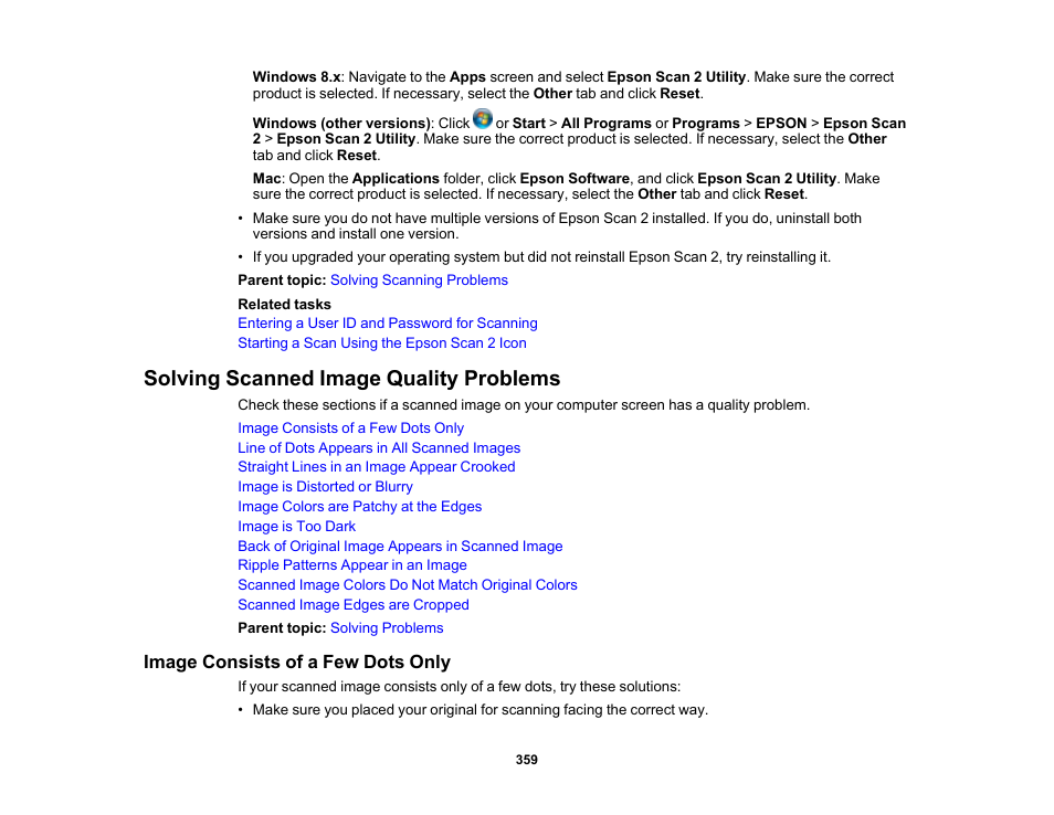 Solving scanned image quality problems, Image consists of a few dots only | Epson WorkForce Pro WF-M5799 Workgroup Monochrome Multifunction Printer with Replaceable Ink Pack System User Manual | Page 359 / 404