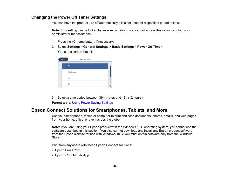 Changing the power off timer settings | Epson WorkForce Pro WF-M5799 Workgroup Monochrome Multifunction Printer with Replaceable Ink Pack System User Manual | Page 36 / 404