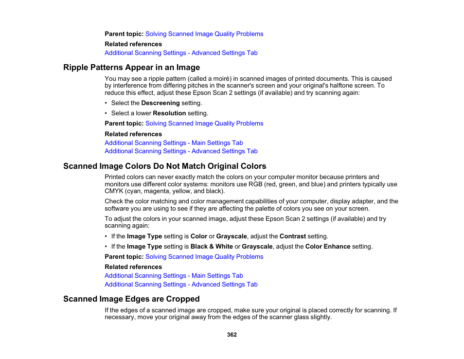 Ripple patterns appear in an image, Scanned image colors do not match original colors, Scanned image edges are cropped | Epson WorkForce Pro WF-M5799 Workgroup Monochrome Multifunction Printer with Replaceable Ink Pack System User Manual | Page 362 / 404