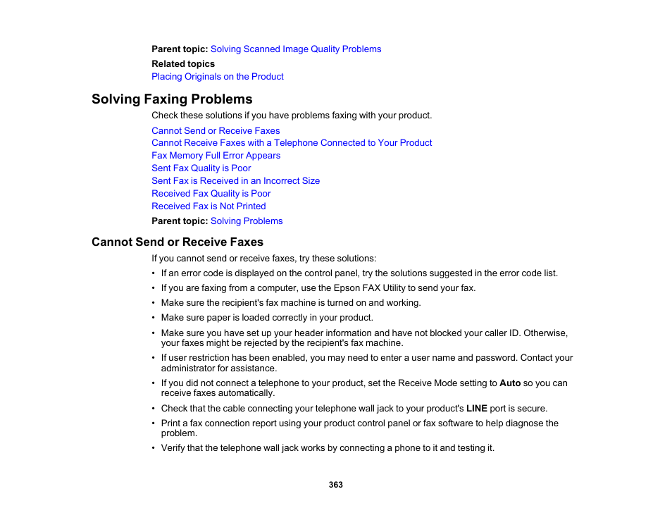 Solving faxing problems, Cannot send or receive faxes | Epson WorkForce Pro WF-M5799 Workgroup Monochrome Multifunction Printer with Replaceable Ink Pack System User Manual | Page 363 / 404
