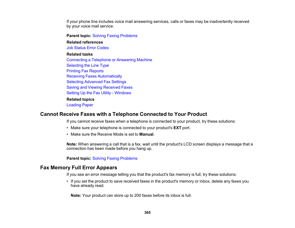 Fax memory full error appears | Epson WorkForce Pro WF-M5799 Workgroup Monochrome Multifunction Printer with Replaceable Ink Pack System User Manual | Page 365 / 404