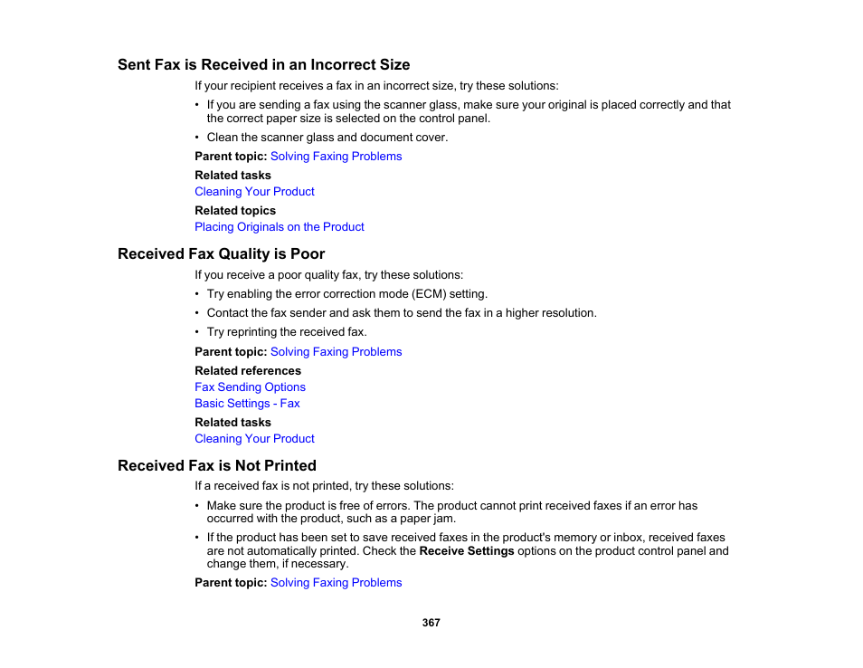 Sent fax is received in an incorrect size, Received fax quality is poor, Received fax is not printed | Epson WorkForce Pro WF-M5799 Workgroup Monochrome Multifunction Printer with Replaceable Ink Pack System User Manual | Page 367 / 404