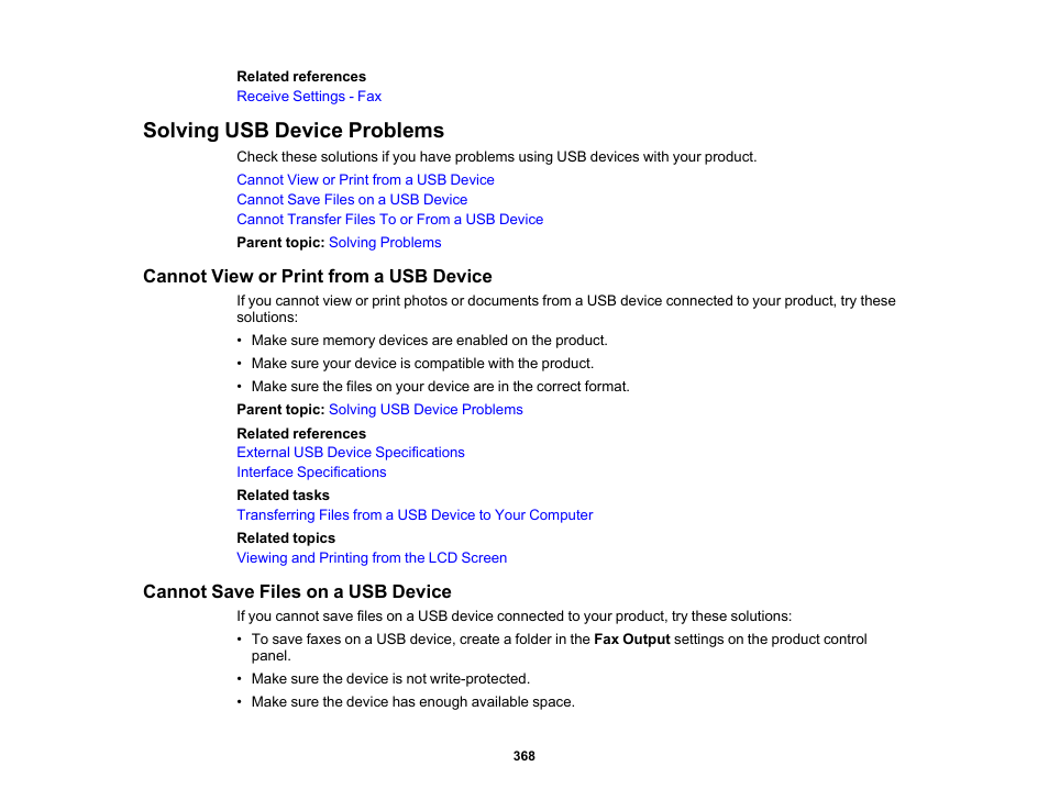 Solving usb device problems, Cannot view or print from a usb device, Cannot save files on a usb device | Epson WorkForce Pro WF-M5799 Workgroup Monochrome Multifunction Printer with Replaceable Ink Pack System User Manual | Page 368 / 404