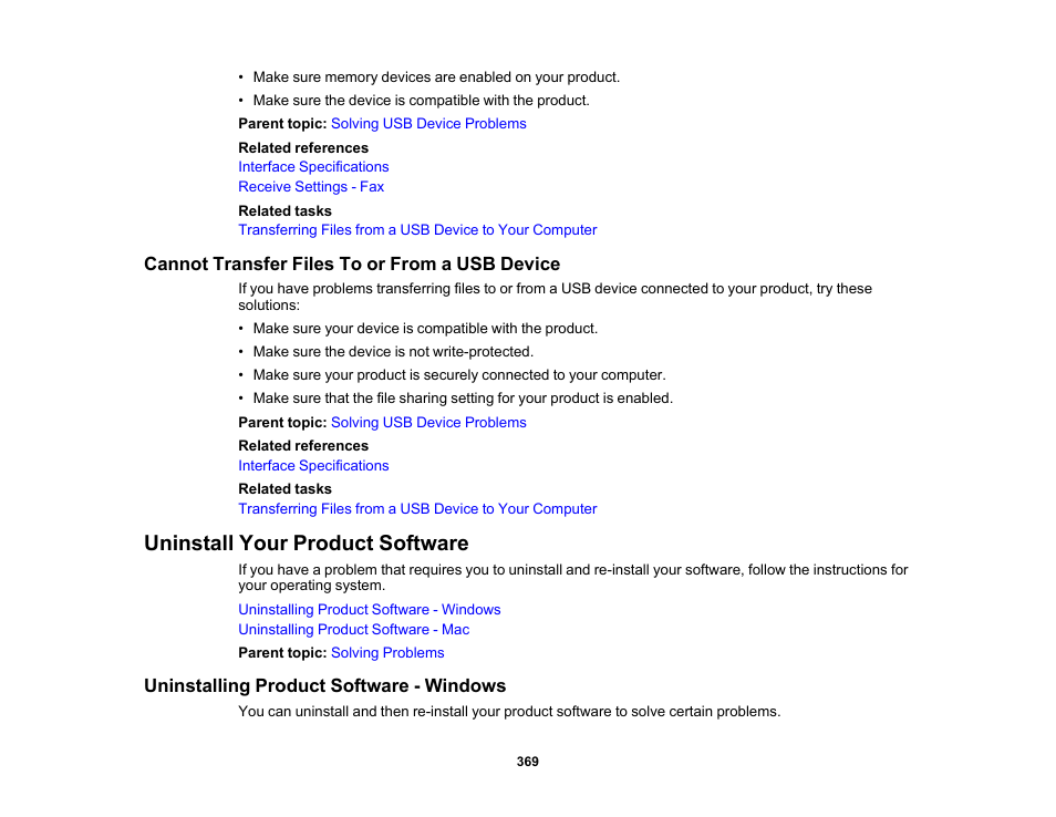 Cannot transfer files to or from a usb device, Uninstall your product software, Uninstalling product software - windows | Epson WorkForce Pro WF-M5799 Workgroup Monochrome Multifunction Printer with Replaceable Ink Pack System User Manual | Page 369 / 404