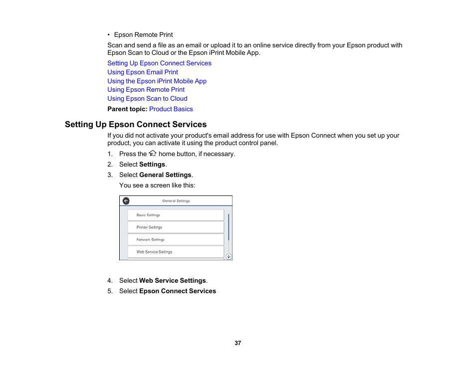 Setting up epson connect services | Epson WorkForce Pro WF-M5799 Workgroup Monochrome Multifunction Printer with Replaceable Ink Pack System User Manual | Page 37 / 404