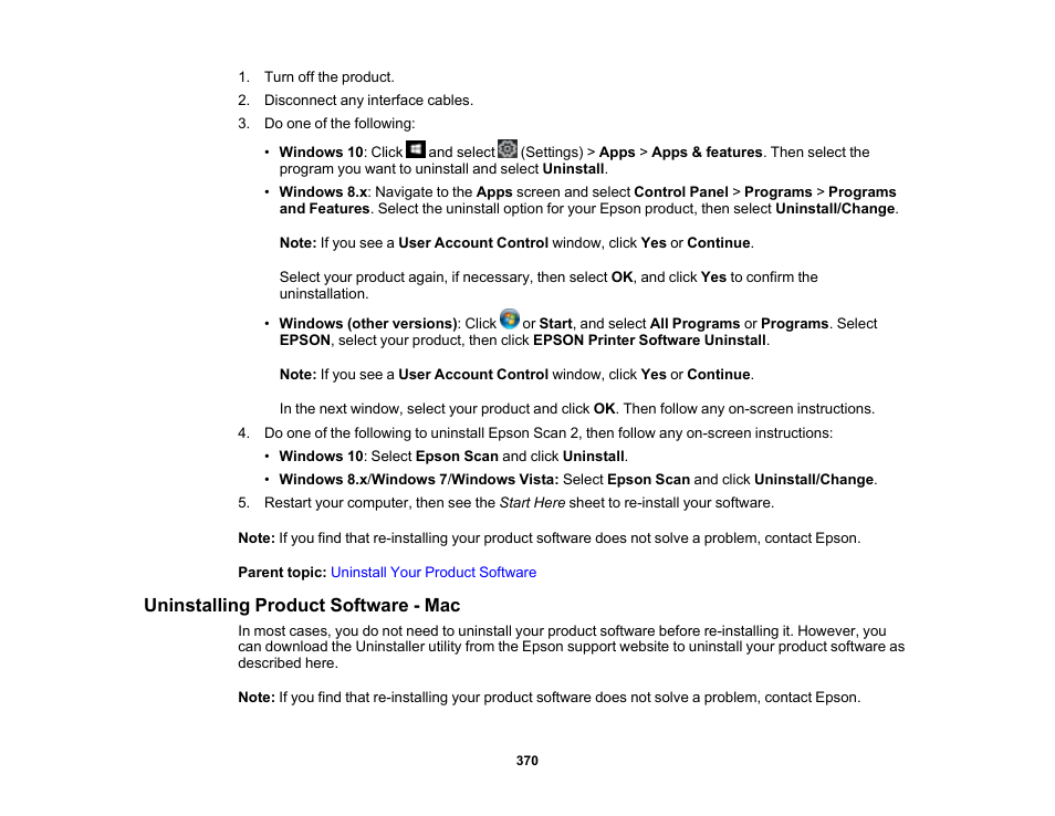 Uninstalling product software - mac | Epson WorkForce Pro WF-M5799 Workgroup Monochrome Multifunction Printer with Replaceable Ink Pack System User Manual | Page 370 / 404