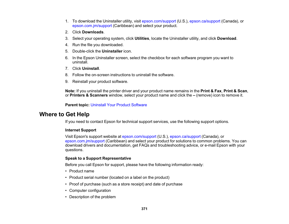 Where to get help | Epson WorkForce Pro WF-M5799 Workgroup Monochrome Multifunction Printer with Replaceable Ink Pack System User Manual | Page 371 / 404