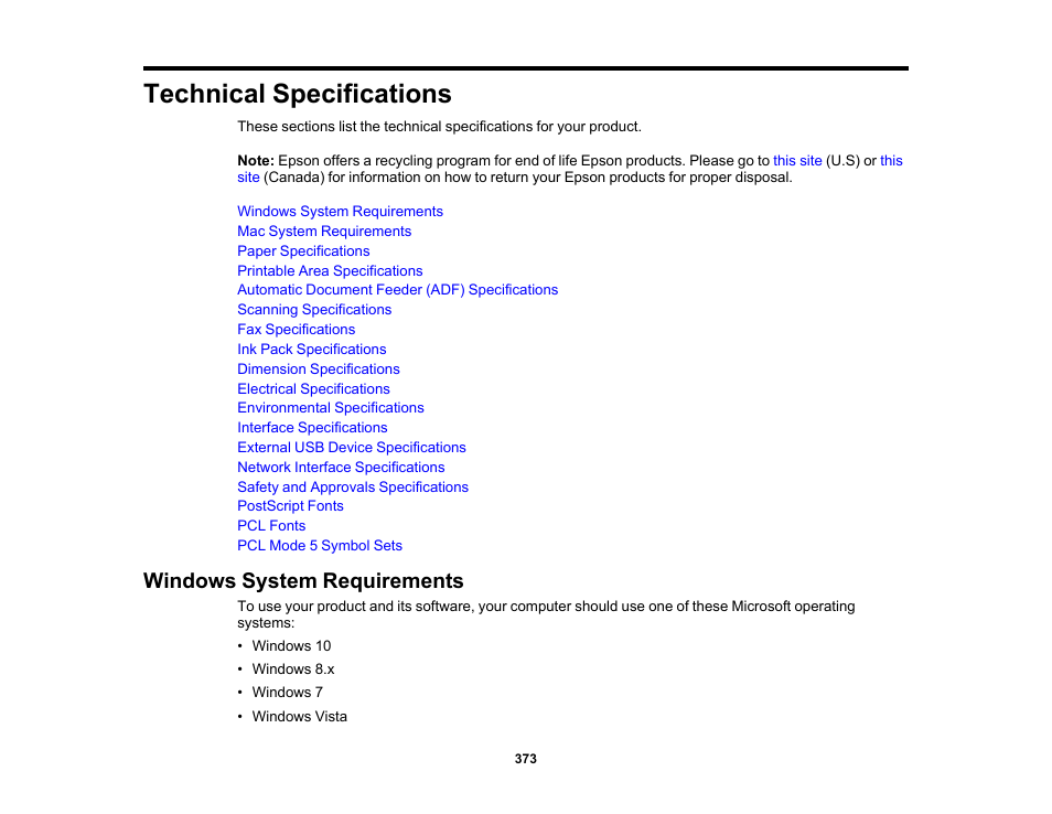 Technical specifications, Windows system requirements | Epson WorkForce Pro WF-M5799 Workgroup Monochrome Multifunction Printer with Replaceable Ink Pack System User Manual | Page 373 / 404