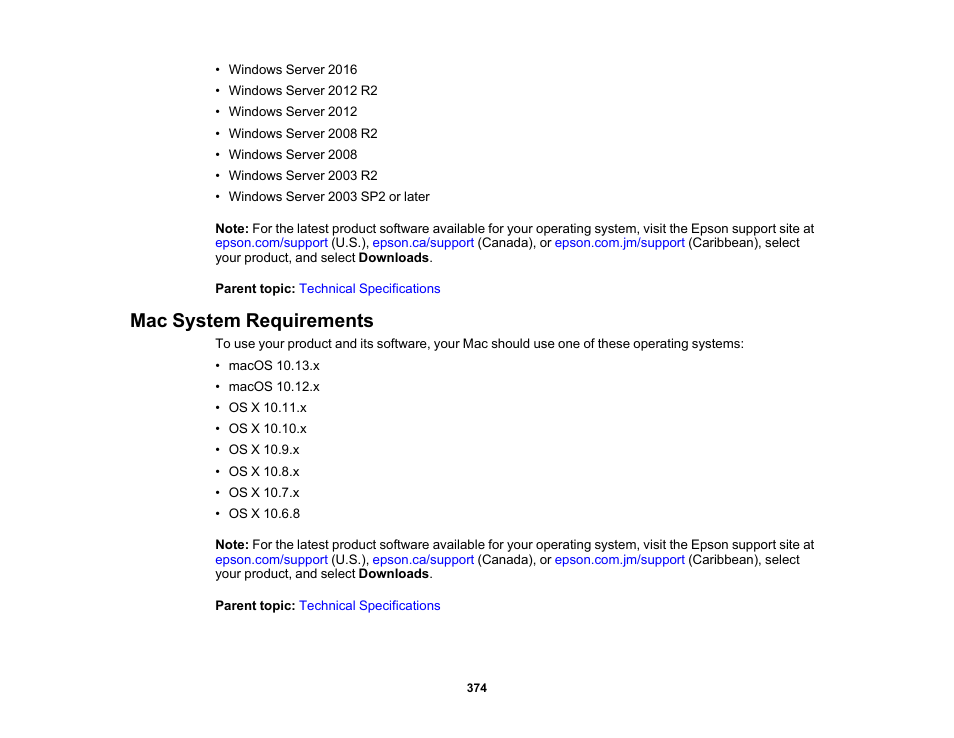 Mac system requirements | Epson WorkForce Pro WF-M5799 Workgroup Monochrome Multifunction Printer with Replaceable Ink Pack System User Manual | Page 374 / 404