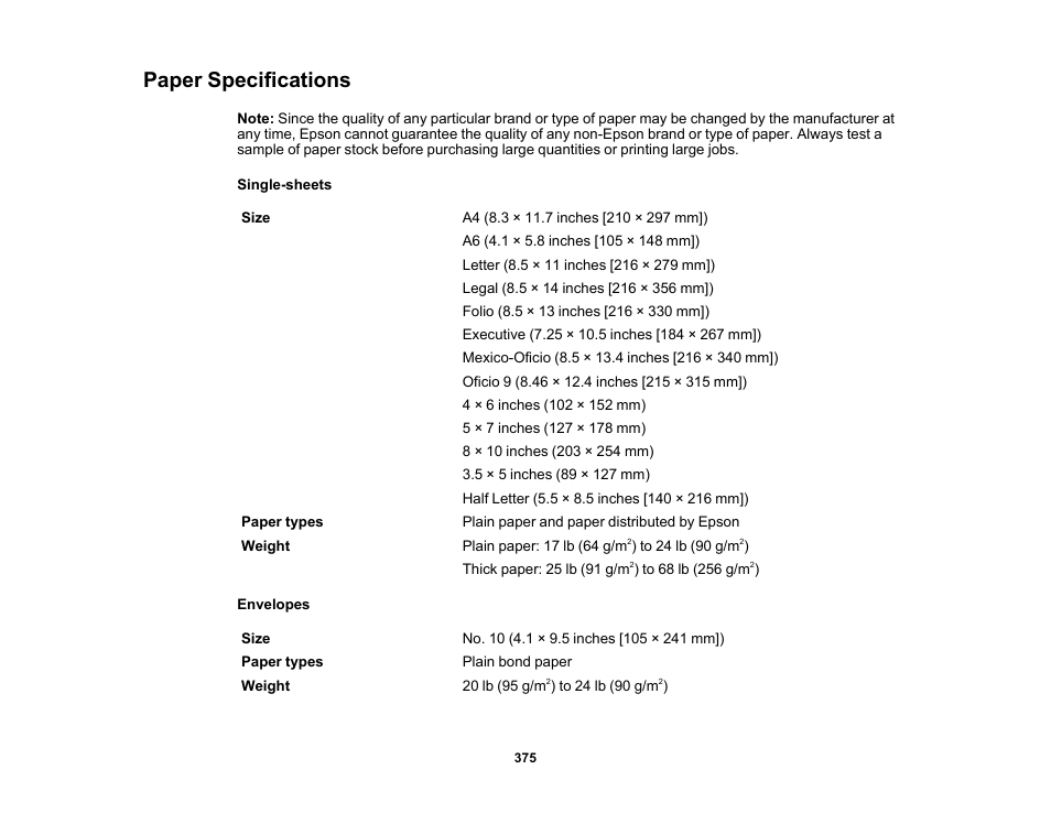 Paper specifications | Epson WorkForce Pro WF-M5799 Workgroup Monochrome Multifunction Printer with Replaceable Ink Pack System User Manual | Page 375 / 404