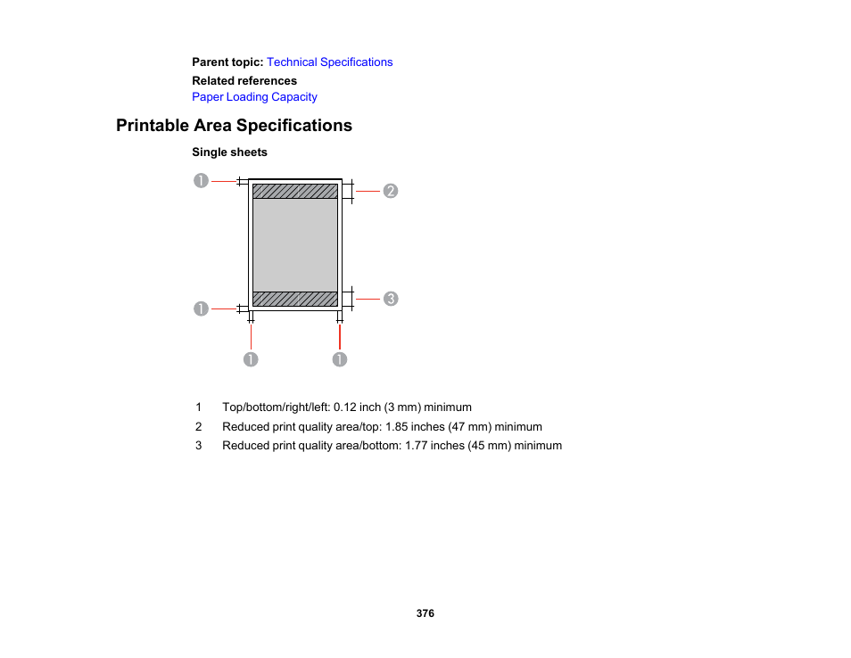 Printable area specifications | Epson WorkForce Pro WF-M5799 Workgroup Monochrome Multifunction Printer with Replaceable Ink Pack System User Manual | Page 376 / 404