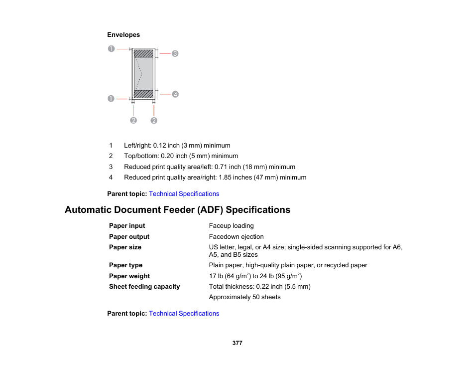 Automatic document feeder (adf) specifications | Epson WorkForce Pro WF-M5799 Workgroup Monochrome Multifunction Printer with Replaceable Ink Pack System User Manual | Page 377 / 404