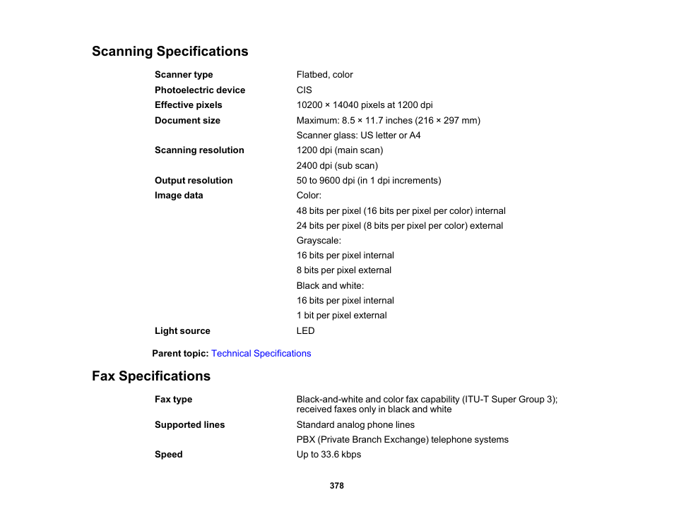 Scanning specifications, Fax specifications, Scanning specifications fax specifications | Epson WorkForce Pro WF-M5799 Workgroup Monochrome Multifunction Printer with Replaceable Ink Pack System User Manual | Page 378 / 404