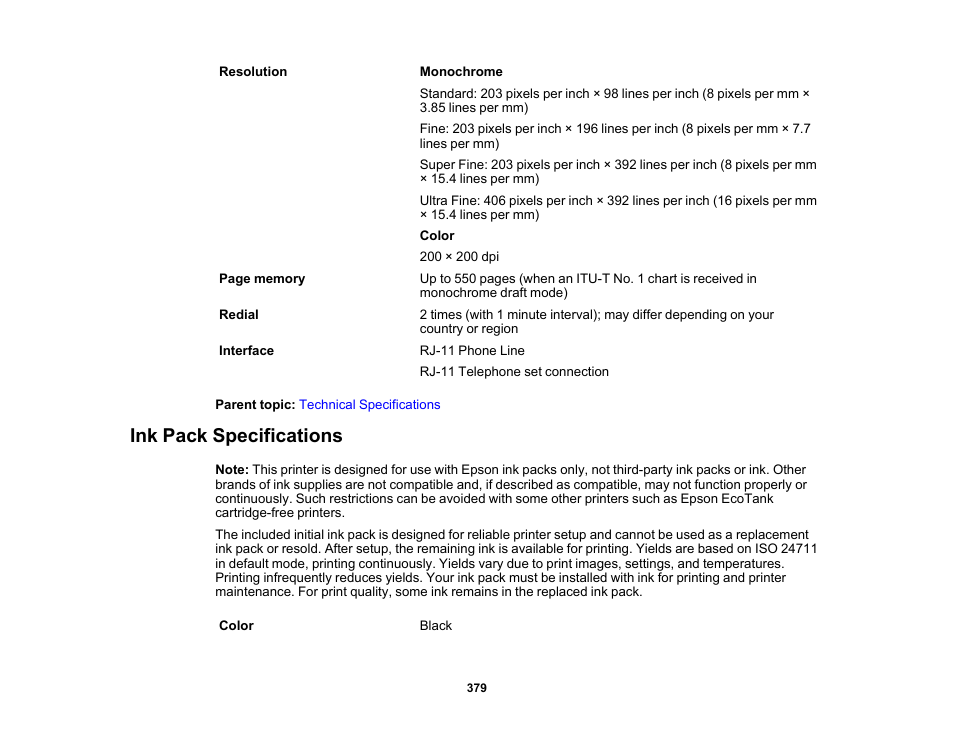 Ink pack specifications | Epson WorkForce Pro WF-M5799 Workgroup Monochrome Multifunction Printer with Replaceable Ink Pack System User Manual | Page 379 / 404