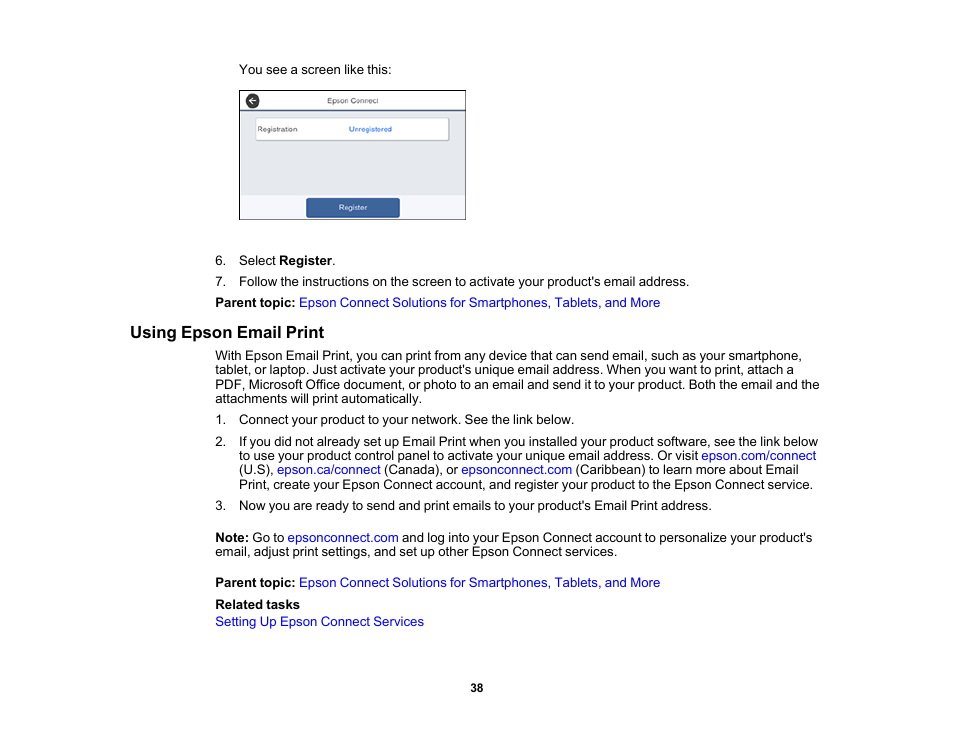 Using epson email print | Epson WorkForce Pro WF-M5799 Workgroup Monochrome Multifunction Printer with Replaceable Ink Pack System User Manual | Page 38 / 404