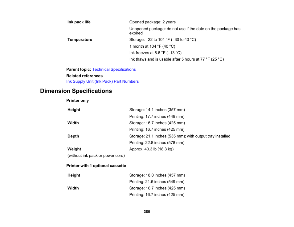 Dimension specifications | Epson WorkForce Pro WF-M5799 Workgroup Monochrome Multifunction Printer with Replaceable Ink Pack System User Manual | Page 380 / 404