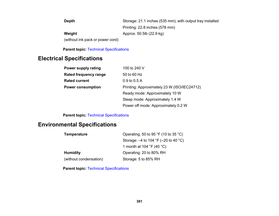 Electrical specifications, Environmental specifications | Epson WorkForce Pro WF-M5799 Workgroup Monochrome Multifunction Printer with Replaceable Ink Pack System User Manual | Page 381 / 404