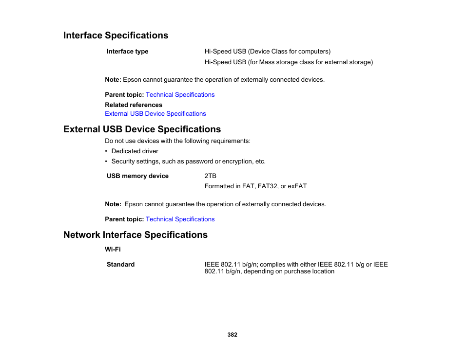 Interface specifications, External usb device specifications, Network interface specifications | Epson WorkForce Pro WF-M5799 Workgroup Monochrome Multifunction Printer with Replaceable Ink Pack System User Manual | Page 382 / 404