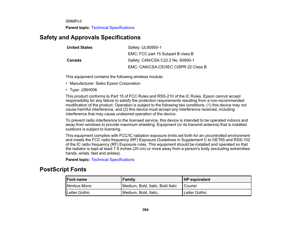 Safety and approvals specifications, Postscript fonts | Epson WorkForce Pro WF-M5799 Workgroup Monochrome Multifunction Printer with Replaceable Ink Pack System User Manual | Page 384 / 404