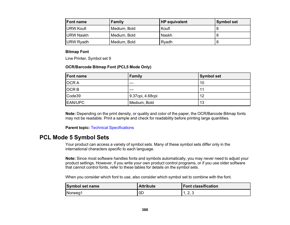 Pcl mode 5 symbol sets | Epson WorkForce Pro WF-M5799 Workgroup Monochrome Multifunction Printer with Replaceable Ink Pack System User Manual | Page 388 / 404