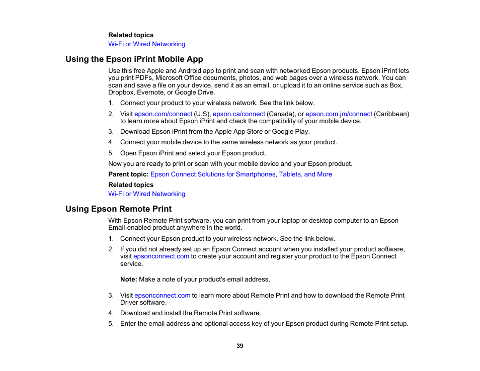 Using the epson iprint mobile app, Using epson remote print | Epson WorkForce Pro WF-M5799 Workgroup Monochrome Multifunction Printer with Replaceable Ink Pack System User Manual | Page 39 / 404