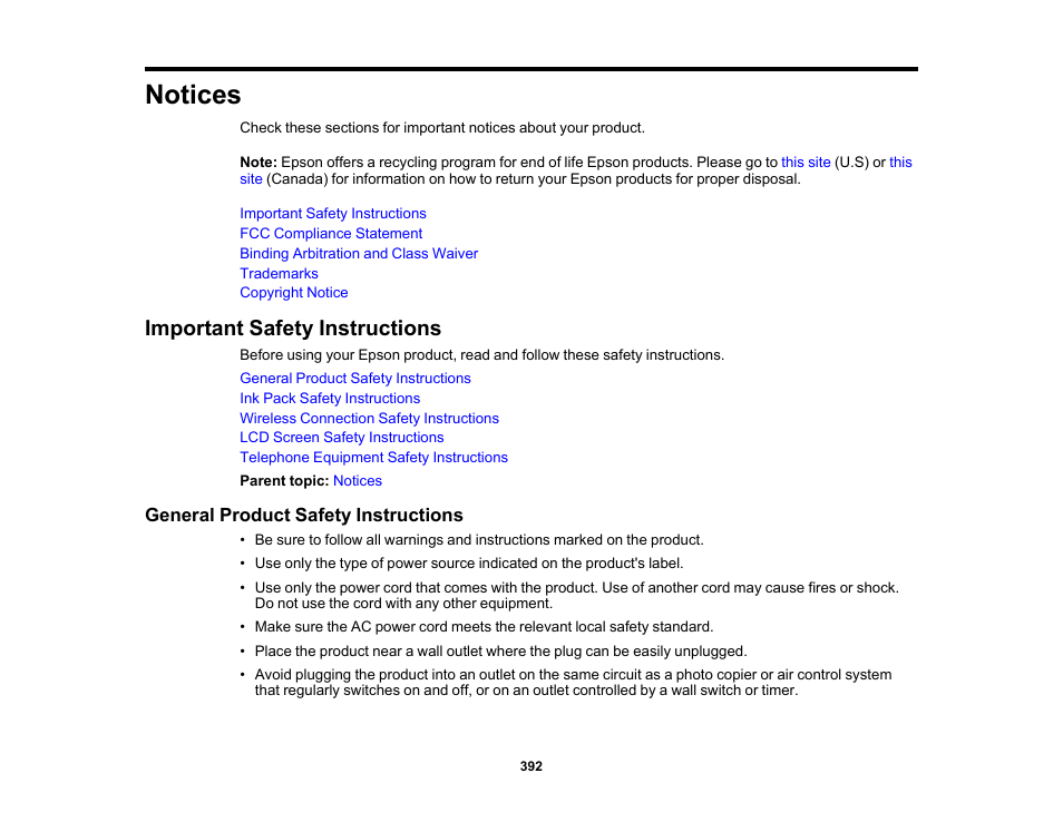 Notices, Important safety instructions, General product safety instructions | Epson WorkForce Pro WF-M5799 Workgroup Monochrome Multifunction Printer with Replaceable Ink Pack System User Manual | Page 392 / 404