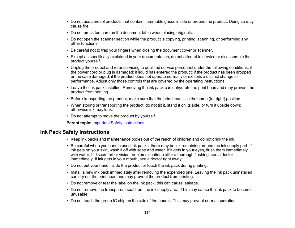 Ink pack safety instructions | Epson WorkForce Pro WF-M5799 Workgroup Monochrome Multifunction Printer with Replaceable Ink Pack System User Manual | Page 394 / 404