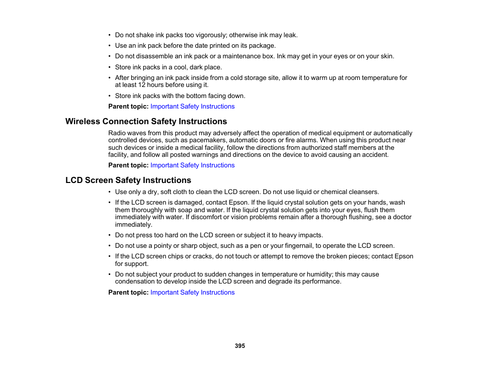 Wireless connection safety instructions, Lcd screen safety instructions | Epson WorkForce Pro WF-M5799 Workgroup Monochrome Multifunction Printer with Replaceable Ink Pack System User Manual | Page 395 / 404