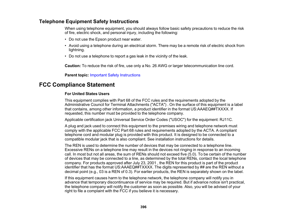 Telephone equipment safety instructions, Fcc compliance statement | Epson WorkForce Pro WF-M5799 Workgroup Monochrome Multifunction Printer with Replaceable Ink Pack System User Manual | Page 396 / 404