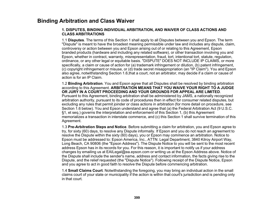 Binding arbitration and class waiver | Epson WorkForce Pro WF-M5799 Workgroup Monochrome Multifunction Printer with Replaceable Ink Pack System User Manual | Page 399 / 404