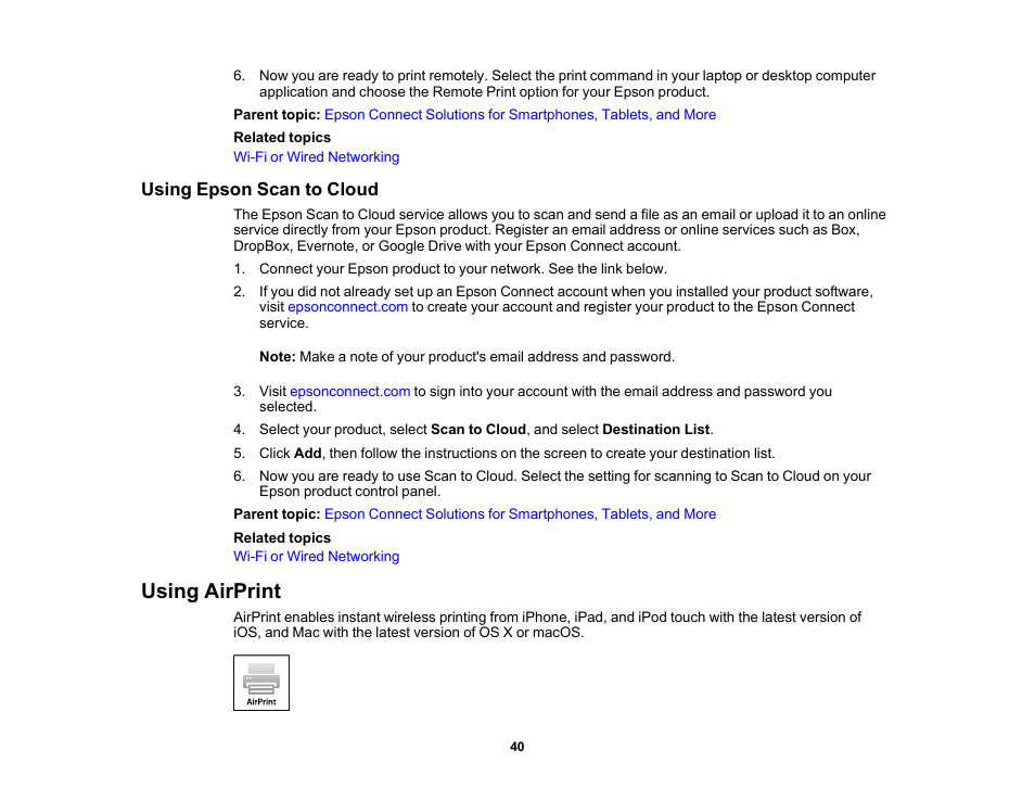 Using epson scan to cloud, Using airprint | Epson WorkForce Pro WF-M5799 Workgroup Monochrome Multifunction Printer with Replaceable Ink Pack System User Manual | Page 40 / 404
