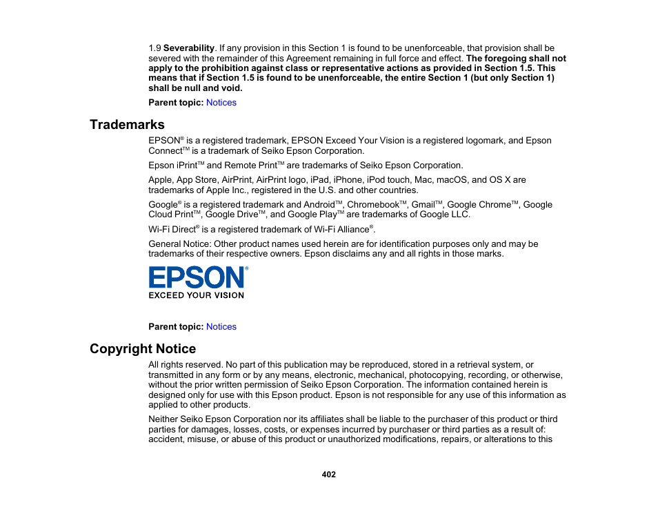 Trademarks, Copyright notice, Trademarks copyright notice | Epson WorkForce Pro WF-M5799 Workgroup Monochrome Multifunction Printer with Replaceable Ink Pack System User Manual | Page 402 / 404