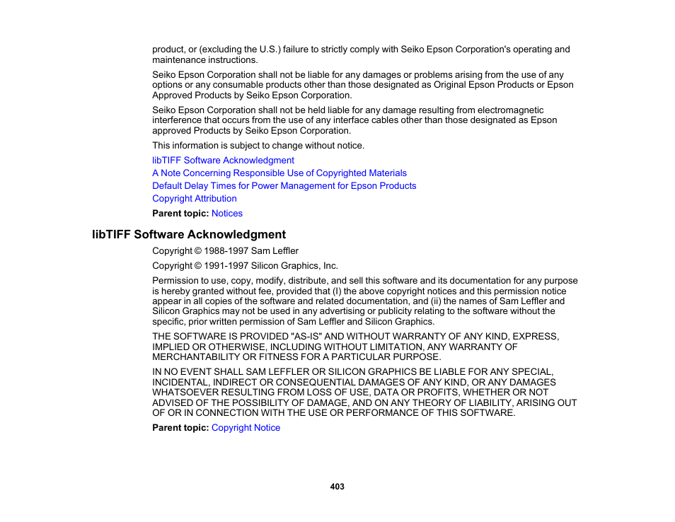 Libtiff software acknowledgment | Epson WorkForce Pro WF-M5799 Workgroup Monochrome Multifunction Printer with Replaceable Ink Pack System User Manual | Page 403 / 404