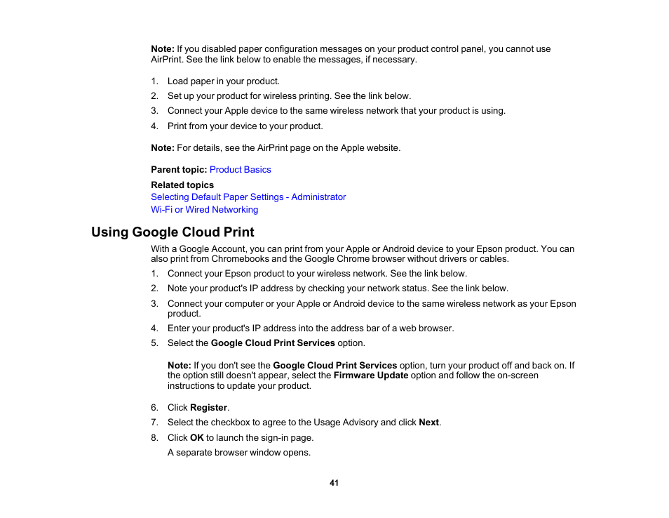 Using google cloud print | Epson WorkForce Pro WF-M5799 Workgroup Monochrome Multifunction Printer with Replaceable Ink Pack System User Manual | Page 41 / 404